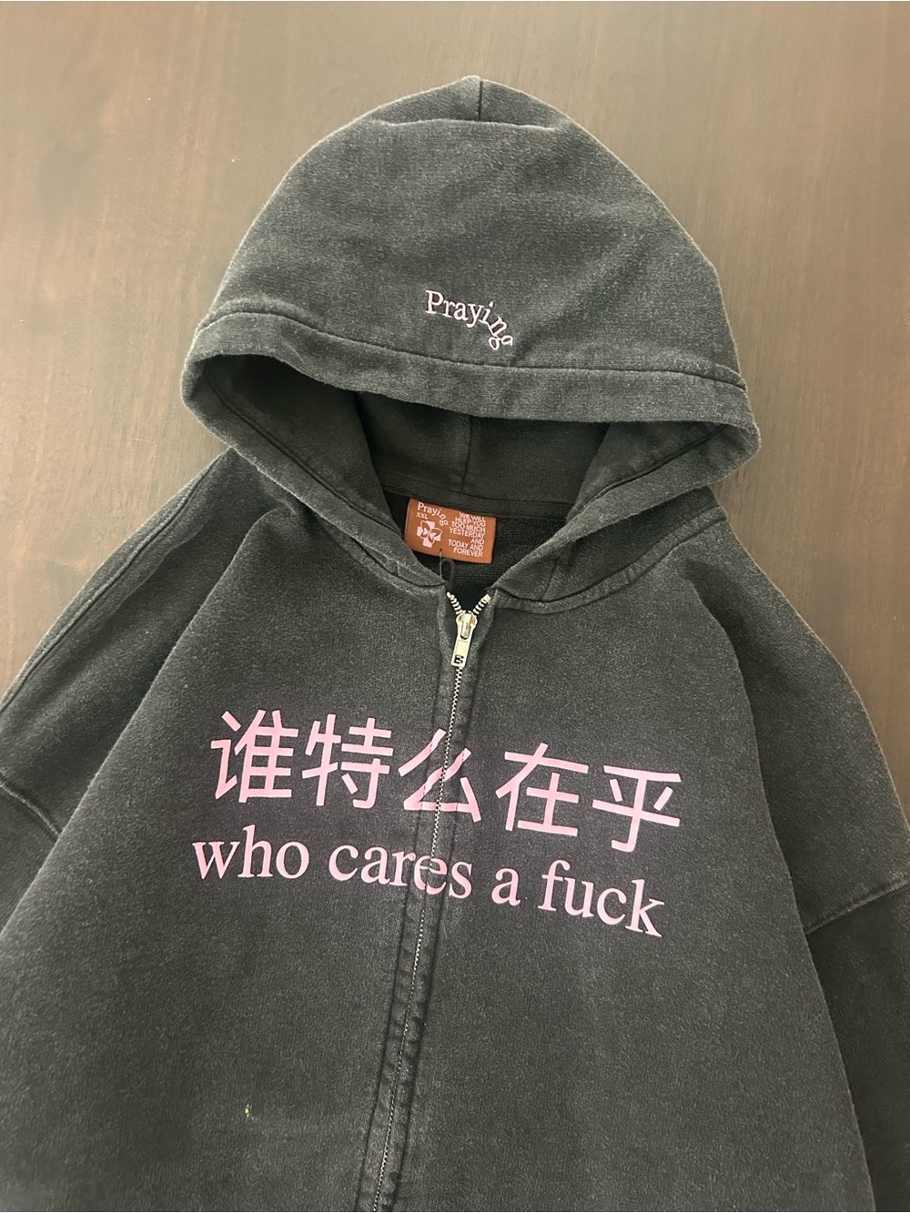 Y2K Praying Zip Up Heavyweight '谁特么在乎'  'who cares a ****' Black Hoodie Men XXL
